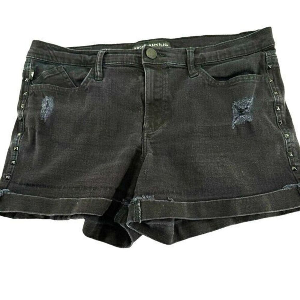 Rock & Republic Bumpershoot Studded Distressed Black Denim Jean Shorts Womens 14